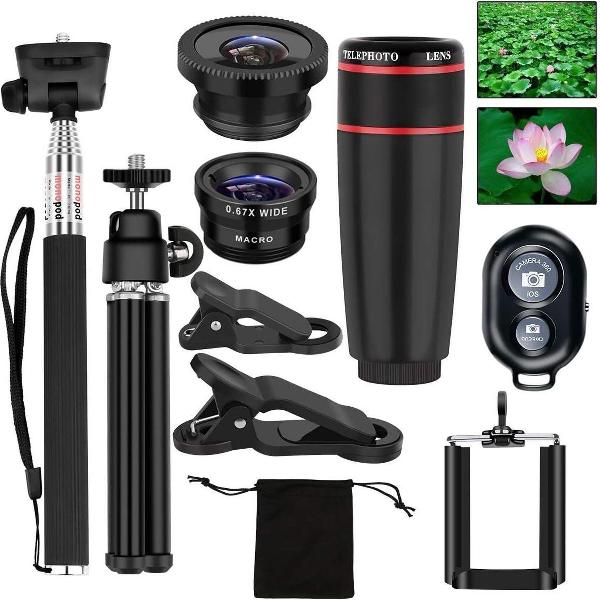 DrPhone APEX - APL3 Ultimate Kit – 12x Telelens / Fisheye /Macro & Groothoek + Statief + Bluetooth Afstandsbediening + Selfie Stick Monopod voor IOS / Android telefoons