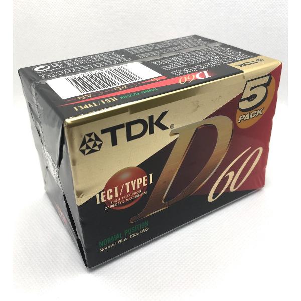 Audio Cassette Tape (5 pack) TDK D-60 normaal Position type I / Uiterst geschikt voor alle opnamedoeleinden / Sealed Blanco Cassettebandjes / Cassettedeck / Walkman / TDK Audio Tape.