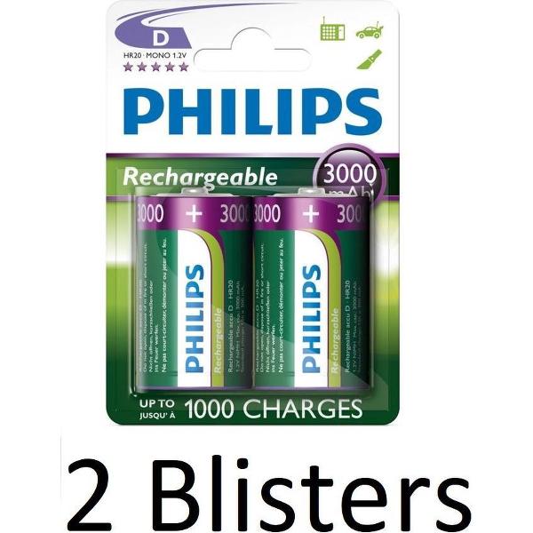 4 Stuks (2 Blisters a 2 st) Philips Rechargeables D Batterij 3000 Mah