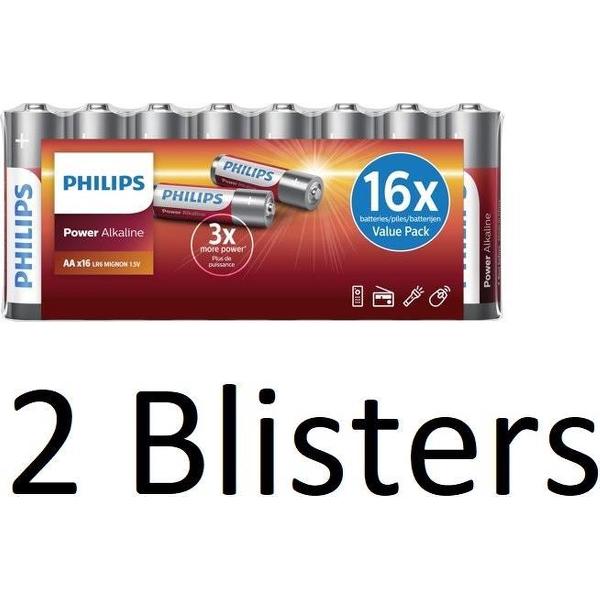 32 stuks (2 blisters a 16 st) Philips AA Power Alkaline Batterij