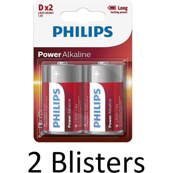 4 Stuks (2 Blisters a 2 st) Philips Power Alkaline D Batterijen