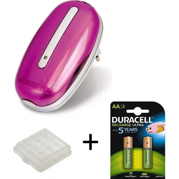 Duracell Mini Lader Roze + batterij doosje + 2 Duracell AA Oplaadbare Batterijen - 2500 mAh