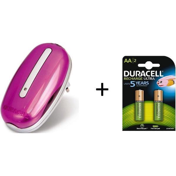 Duracell Mini Lader Roze + 2 Duracell AA Oplaadbare Batterijen - 2500 mAh