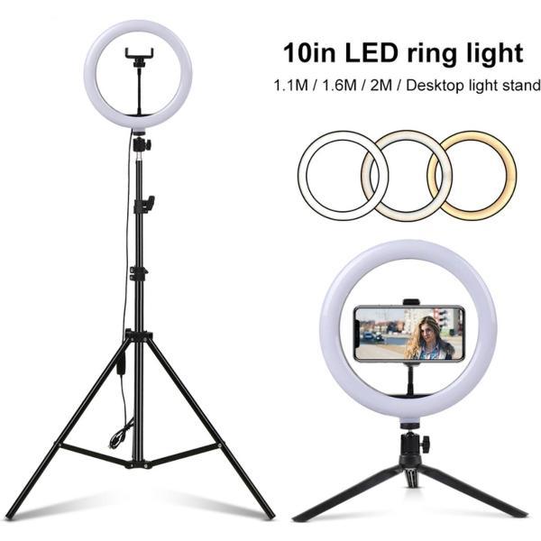 Ringlamp | Ronde lamp | Led Pro Ringlamp met statief (verstelbaar) Ring Flitser incl telefoonhouder - 26 cm/10 inch -186 cm hoog | USB | Flitser | Ring lamp | Tik Tok | Make-up light | Studiolamp