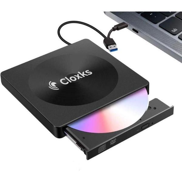 Cloxks – Externe DVD / CD speler en brander – Externe CD / DVD brander voor laptop – USB 3.0 & USB C – Windows – Mac – Plug & Play – Zwart