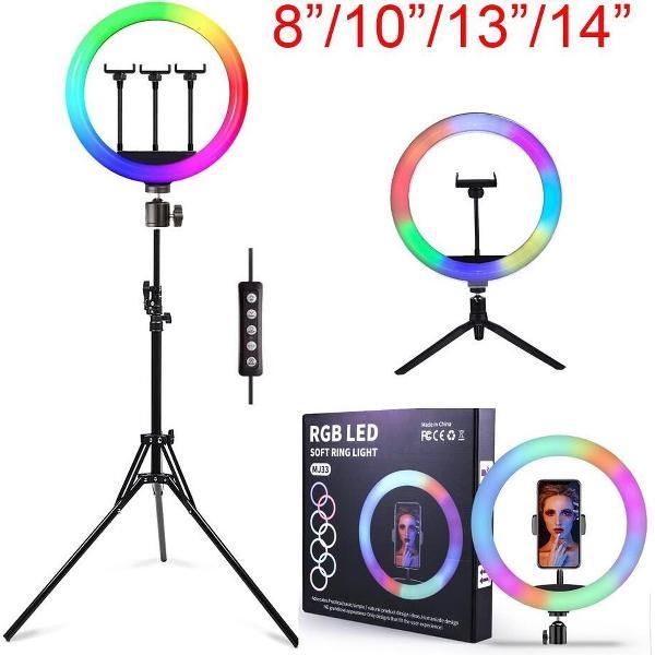 Selfie LED Ring Lamp 26Cm met Kleuren / RGB LED + Tripod - Statief Camera 210 CM hoog Inclusief Bluetooth afstandsbediening en Telefoonhouder Selfie - lamp -Ringlamp - Statief - Tik tok - flitser – Make up light – Studiolamp