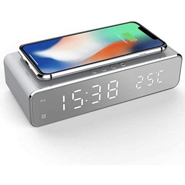 Draadloze Wekker met Draadloos Oplader - Wekkerradio - Wekker - Dockingstation - Temperatuur - Grijs - telefoonlader