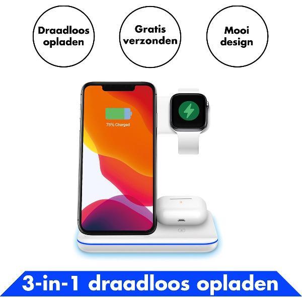 3 in 1 Oplaadstation Wit - Docking Station Draadloze Oplader - Wireless Charger Voor iOS en Android Apparaten – Geschikt voor Apple Watch , Airpods & Iphone / Samsung / Huawei Telefoons - Qi Lader Oortjes Smartphone Laadstation Draadloos - Opladen