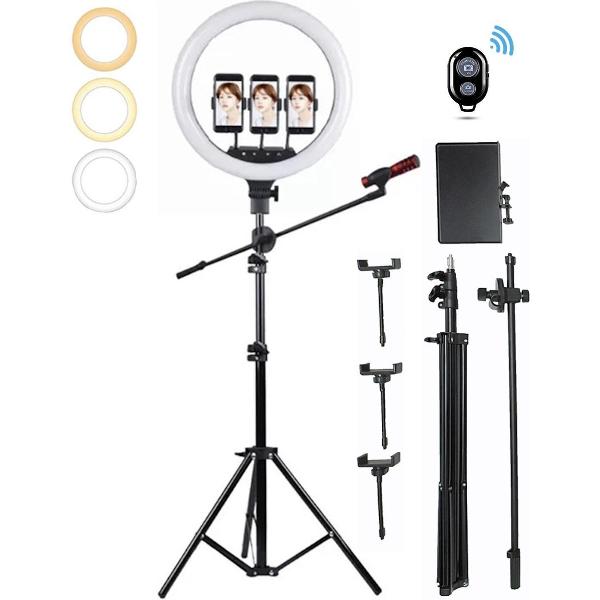 Professionele LED Studio Ring Lamp | 18 INCH / 45 CM | 210 CM Verstelbaar Statief | TikTok | YouTube | Incl. 3 Telefoonhouders + USB aansluiting + Bluetooth Afstandsbediening