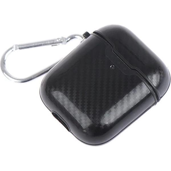 DrPhone ACG1 - Airpods Hoesje - Carbon - Siliconen – Karabijnhaak - Zwart