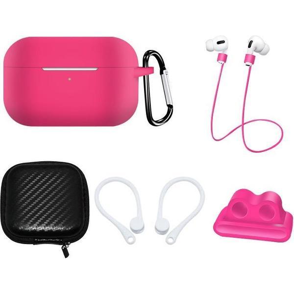 6-in-1 Accessory Bescherming Set Voor Apple Airpods Pro Draadloze Oordopjes Oplaadcase - Earpods Siliconen Bescherm Hoesje Soft Case Cover Earhookds Anti Lost Strap - Met Hardcase Travel Carry Beschermhoes - Rose Rood