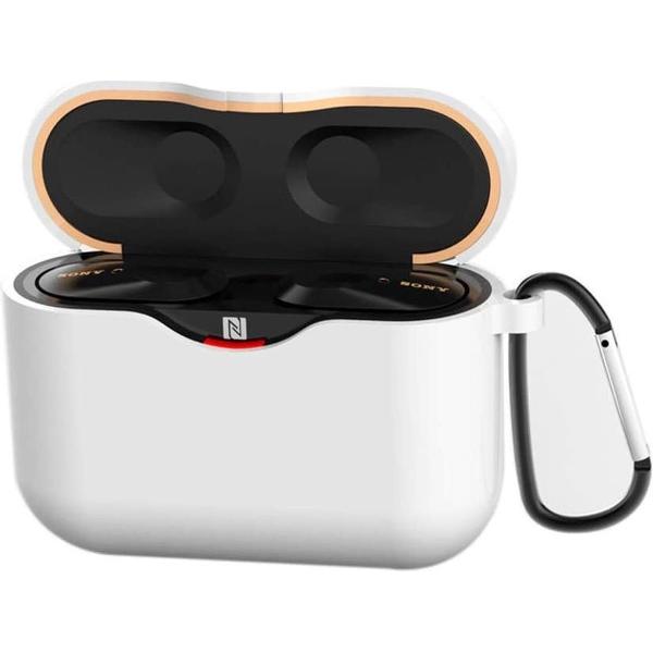 Luxe Siliconen Hoesje Voor Sony WF-1000XM3 Draadloze Oordopjes - Soft Case Cover Protector - Travel Beschermhoes - Reis Opberghoes Shell Beschermer Hoes - Met Musketon Haakje - Wit