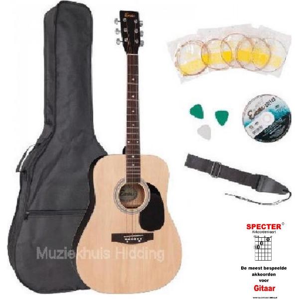 Encore Akoestische gitaar Naturel incl. Gitaartas|Gitaarsnaren|Gitaarband|Plectrums|Stemfluit|Zelfstudie DVD