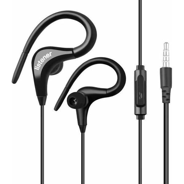 Sportoortjes - Oorhaakje - 3,5mm Kabel - Oortjes met Microfoon - Ruisonderdrukking - Koptelefoon - Zwart
