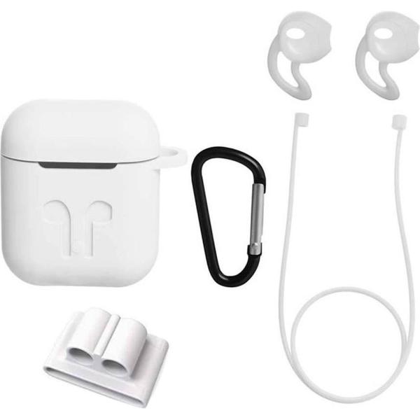 Airpods Hoesje Wit - Siliconen Case Cover voor Apple Airpods - 5 in 1 set met Anti Lost Strap en Haak
