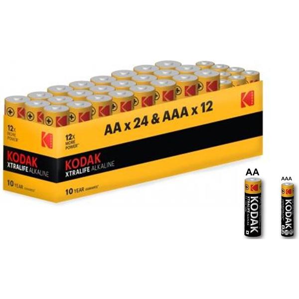 Kodak Xtralife alkaline AA AAA 1.5V Powerbox - 36 Stuks (24x AA + 12x AAA)