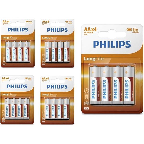 Philips Longlife Zinc AA/R6 alkalinebatterij - 20 Stuks (5 Blisters a 4St)