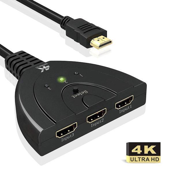 KanaaN HDMI 2.0 Pigtail-schakelaar 3x1 | Ondersteunt 4K 3D HDMI 2.0 HDCP 2.2 | Voor dvd- of Blu-ray-spelers, Xbox, Playstation, WII, pc enz.