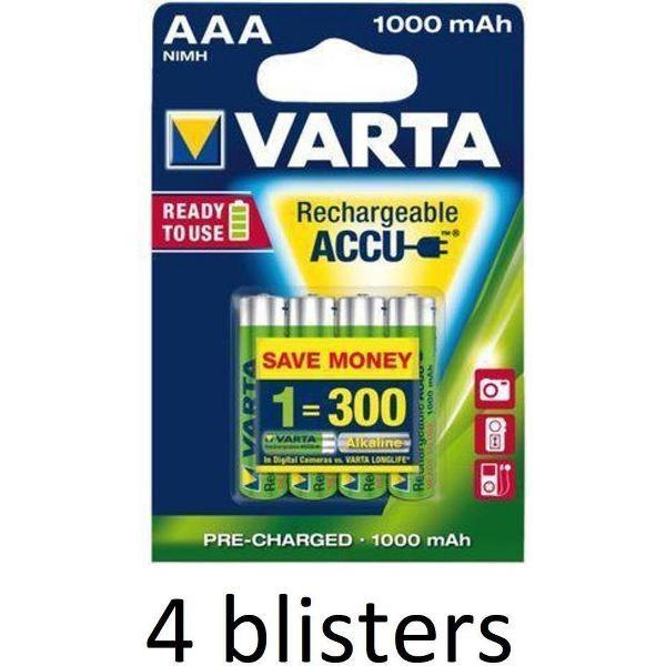 16 stuks(4 blisters a 4 st) Varta AAA Oplaadbare Batterijen - 1000mAh