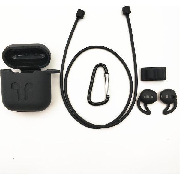 Siliconen beschermhoes cover + anti verlies strap voor Apple Airpods Accessoires set - Zwart