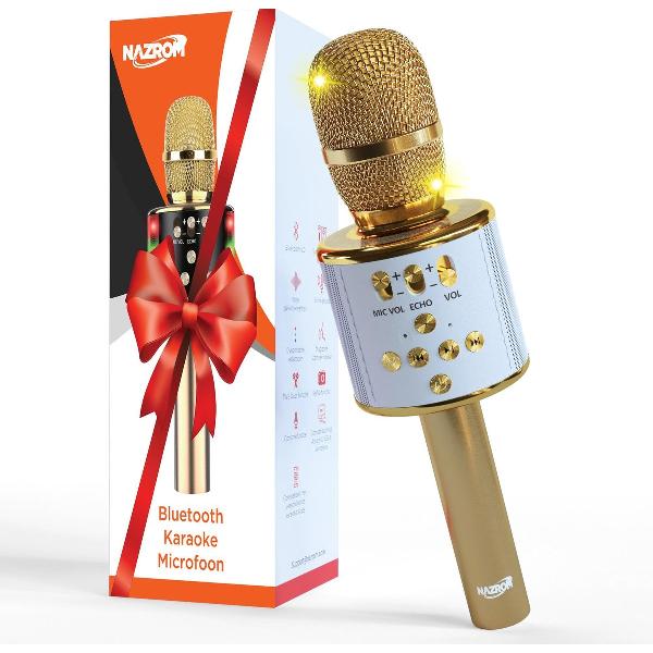 NAZROM® Karaoke Microfoon, Draadloos, Superieur Geluidskwaliteit met LED lampjes en Magische Stemmen Voor Een Gezellig Feest - Goud