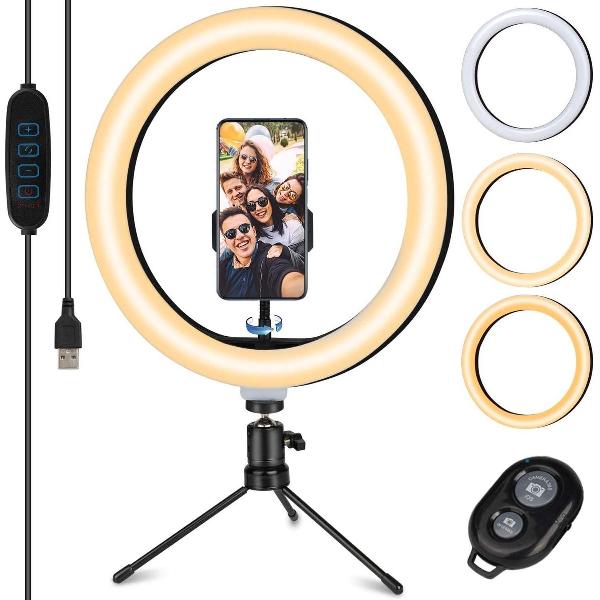 ringlight met statief - ZINAPS Ring Light, 10,2 inch Ring licht met Tripod, selfie licht met 3500 K - 6500 K dimbare Bluetooth Receiver, 3 lichte kleuren en 10 Helderheid niveaus voor Youtuber Live Streaming TikTok Make-Up