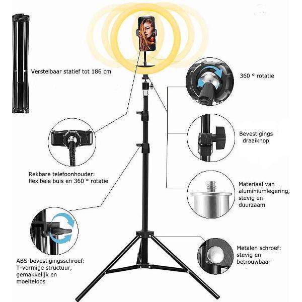 Ringlamp met Statief en Telefoonhouder - Studiolamp - 3 lichtkleuren en 10 lichtstanden - Zwart