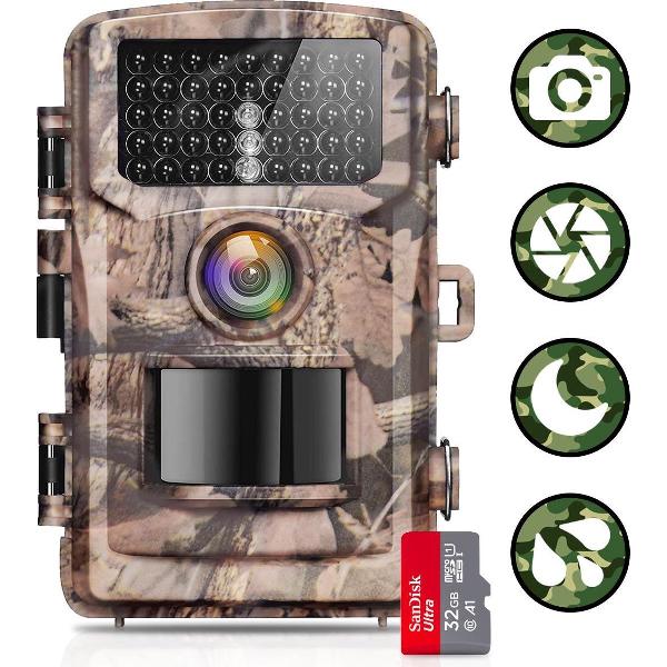 AyeWay Wildcamera – Wildlife camera - Wildcamera met nachtzicht – Camera voor buiten – Spatwaterdicht – Infraroodcamera – Inc. 32 GB SD Kaart