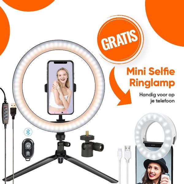 LED Ringlamp met statief, verstelbaar telefoon en tafelstatief, Bluetooth met gratis mini selfie - 26 cm 10 inch - Vlog - influencer - Model - Make-up lamp - Ringlight - TikTok - Instagram - Beauty - youtube - afstandbediening voor foto's en video's
