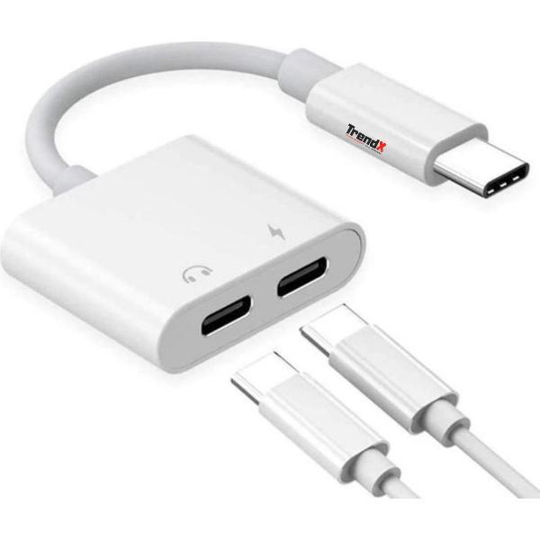 USB-C adapter - USB-C naar 3,5mm Aux en USB-C - Samsung S20 & Apple - 2 in 1 Aux - Audio splitter - USB-C audio- en Oplaad adapter - Wit kleur