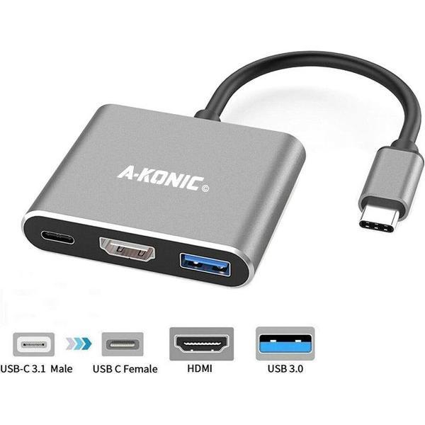 usb c naar hdmi adapter - 4K 30Hz - usb a en usb c opladen - 3 in 1 hub - type c to hdmi, usb 3.0 & type-c fast charging - Geschikt voor o.a. Apple Macbook - IMAC - Dell - Surface - Samsung