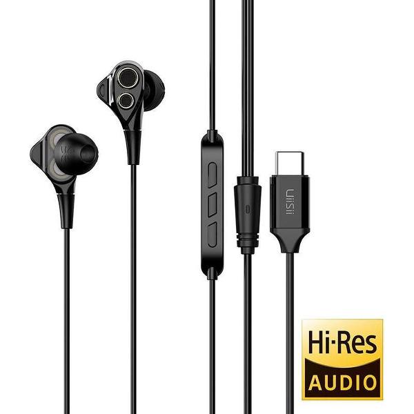 UiiSii C8 Zwart - USB Type C Connectie - Hi-Res Professionele Oortjes met Dual Dynamic Drivers van 6mm