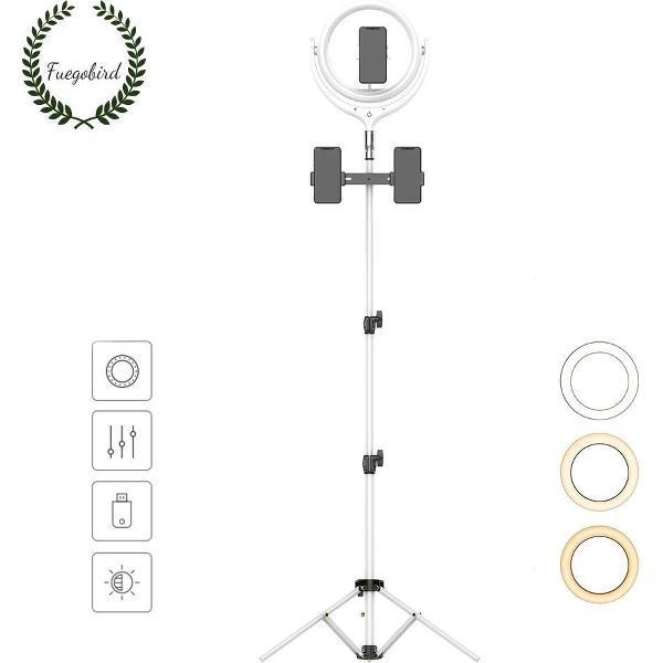 Fuegobird LED Ringlamp met statief incl telefoonhouder - 30 cm - 200 cm hoog (verstelbaar) - USB - TikTok - Ringlight - flitser - Ring lamp - Vlog - Make-up light - Studiolamp （Wit）