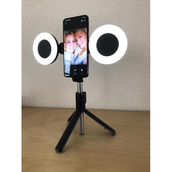 Selfie Ring Light - Ringlamp - Bluetooth Selfie Stick tot 66cm uitschuifbaar met dubbel Ring Light - Statief met dubbel led ring light - afstandbediening - zwart