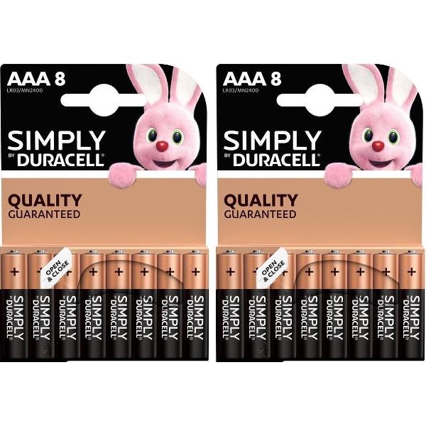 Set van 16x Duracell AAA Simply batterijen 1.5 V - alkaline - LR03 MN2400 - Batterijen pack