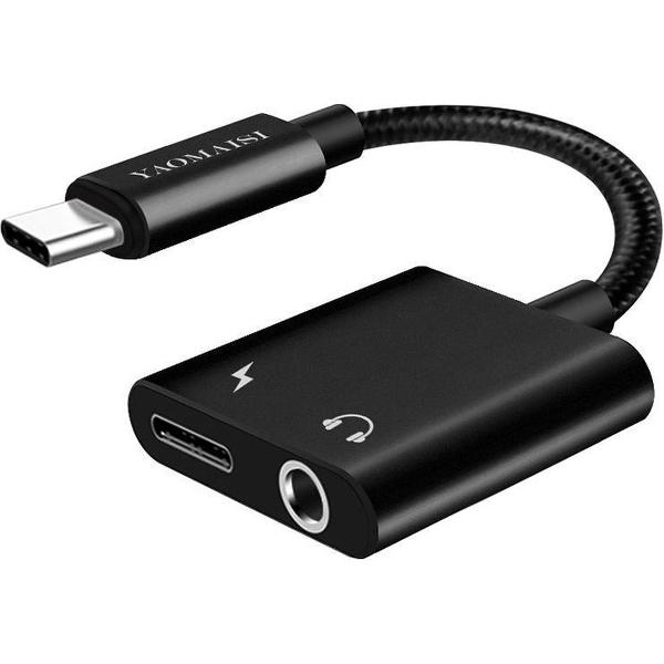 YAOMAISI Q17 12 cm 2,4 A-uitgang 3,5 mm vrouwelijk + USB-C / Type-C vrouwelijk naar USB-C / Type-C mannelijk opladen + audio-adapter, voor Galaxy S8 & S8 + / LG G6 / Huawei P10 & P10 Plus / Oneplus 5 / Xiaomi Mi6 & Max 2 en andere smartphones (zwart)
