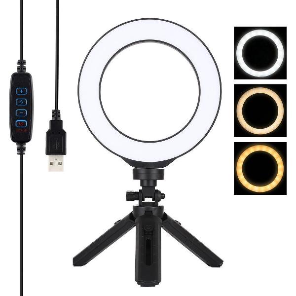 PULUZ 6.2 inch 16cm USB 3-standen Dimbare LED-ring Vlogging Fotografie Videolampen + Zak Statiefbevestigingsset met koude schoen Statief Balhoofd (zwart)