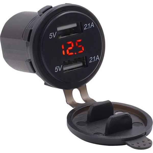 Motorfiets waterdicht 12-24V 2.1A dubbele USB-laderadapter + voltmeter (rood licht)