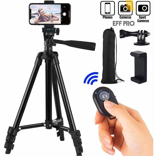 Smartphone Tripod Camera Statief 102 Cm Zwart voor Fotocamera en Smartphone - iPhone - Canon – Nikon - Spiegelreflexcamera + Bluetooth Remote Shutter– Eff Pro
