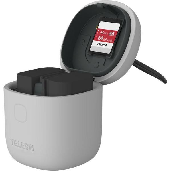 ALLIN BOX 3-in-1 Dual USB Batterij Oplader met SD-Kaartlezer Opslag Draagfunctie - Grijs