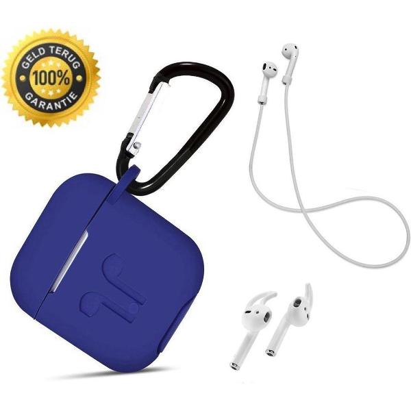 3 in 1 set! Hoesje voor Airpods siliconen case cover beschermhoes + strap + earhoox - royal blauw