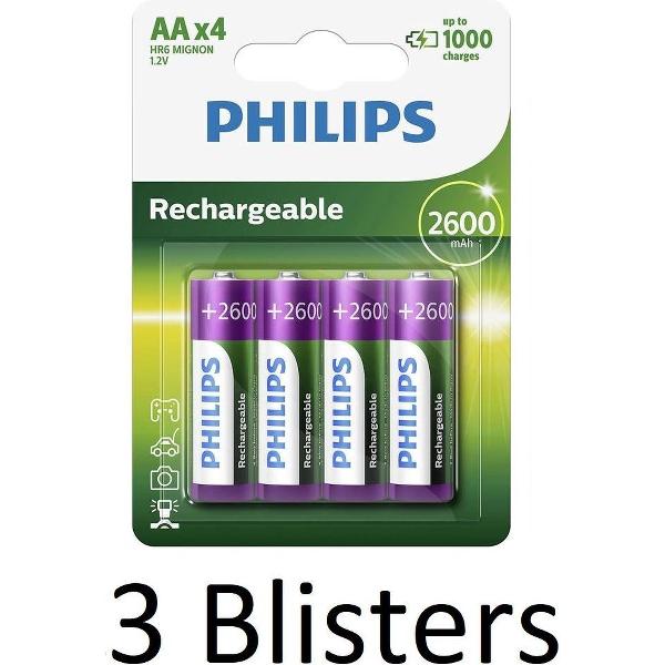 12 Stuks (3 Blisters a 4 st) Philips AA Oplaadbare batterijen - 2500 mAh