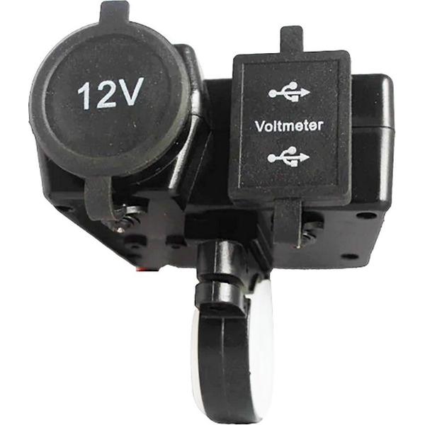 Motorfiets aansluiting voor 12V (sigaret + USB) met voltmeter / Universeel aan te sluiten / HaverCo