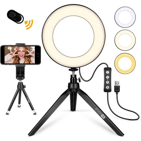 Studio ME® Ringlamp met statief incl telefoon statief - 20 cm/8 inch - USB - voor TikTok of Instagram - Ringlight - flitser - Ring lamp - Vlog - Make-up light - Studiolamp