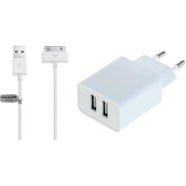2,4A oplader en oplaadkabel. 3 m Oplaadsnoer met adapter stekker Past ook op Apple. o.a. iPhone 3, iPhone 4 iPad 1, iPad 2 iPad 3, iPod Touch 3, 4, Classic, Nano 1, 2, 3, 4