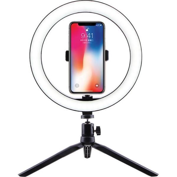 Ringlamp met Statief voor Smartphone - Draaibare Ringlight met Statief 10 inch / 26 cm - Dimbare Ringlamp - Verstelbare Ring Lamp op Tripod 19,5 cm