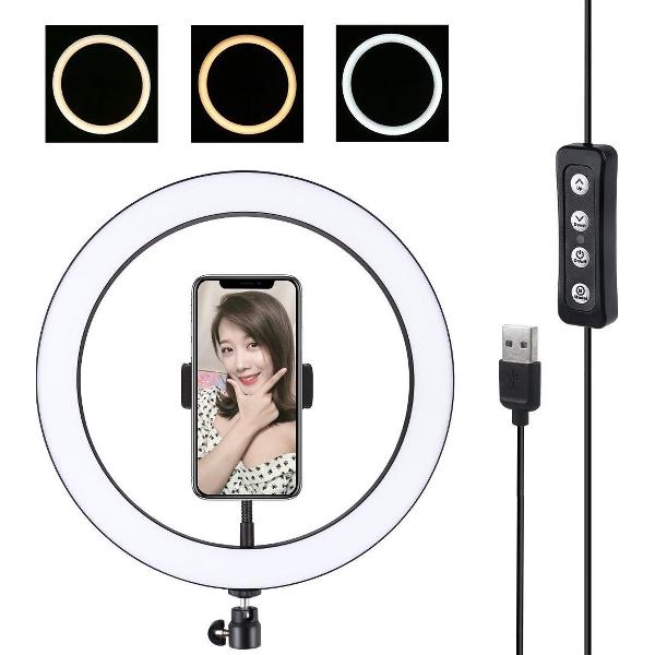 PULUZ 11,8 inch 30 cm USB 3 Modi Dimbare LED-ringvlogging Selfie Fotografie Videolichten met koude schoen Statief Balhoofd & telefoonklem