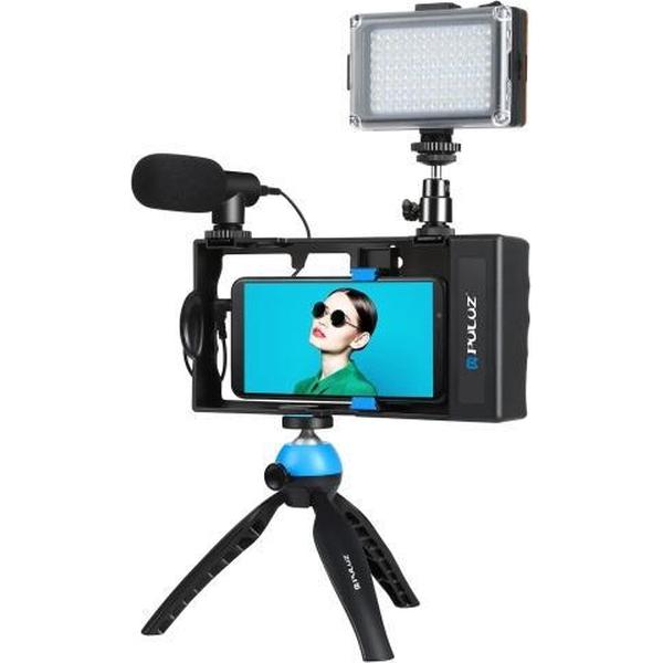 PULUZ 4 in 1 Bluetooth Handheld Vlogging Live-uitzending LED Selfie Light Smartphone Video Rig Kits met microfoon + statiefbevestiging + Cold Shoe statiefkop voor iPhone, Galaxy, Huawei, Xiaomi, HTC, LG, Google en andere smartphones (blauw)