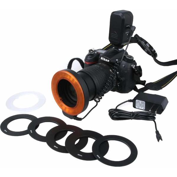 Cirkelvormig LED-flitslicht met 48 LED-verlichting en 6 adapterringen (49 mm / 52 mm / 55 mm / 58 mm / 62 mm / 67 mm) voor macrolens (oranje)