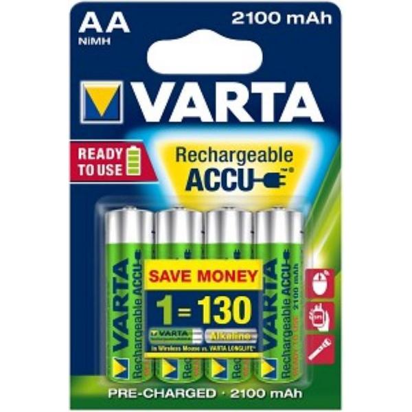 Varta oplaadbare batterijen AA NIMH 2100mA. Ready2Use, per 4. (hangverpakking)